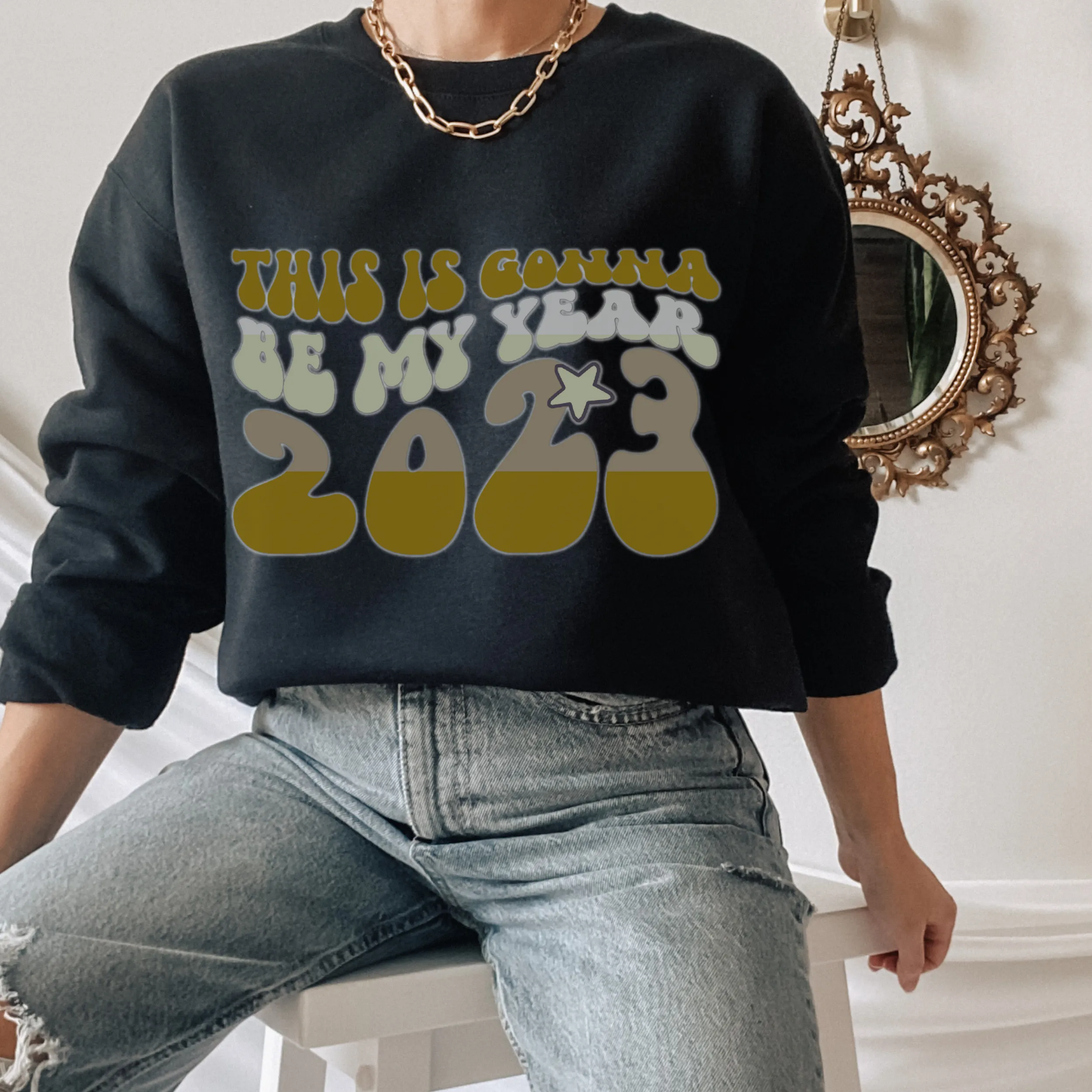 2023 Women's New Year's Crewneck Sweatshirt This Is Gonna Be My Year Cozy Warm Retro Vintage Design Pullover in Black or White