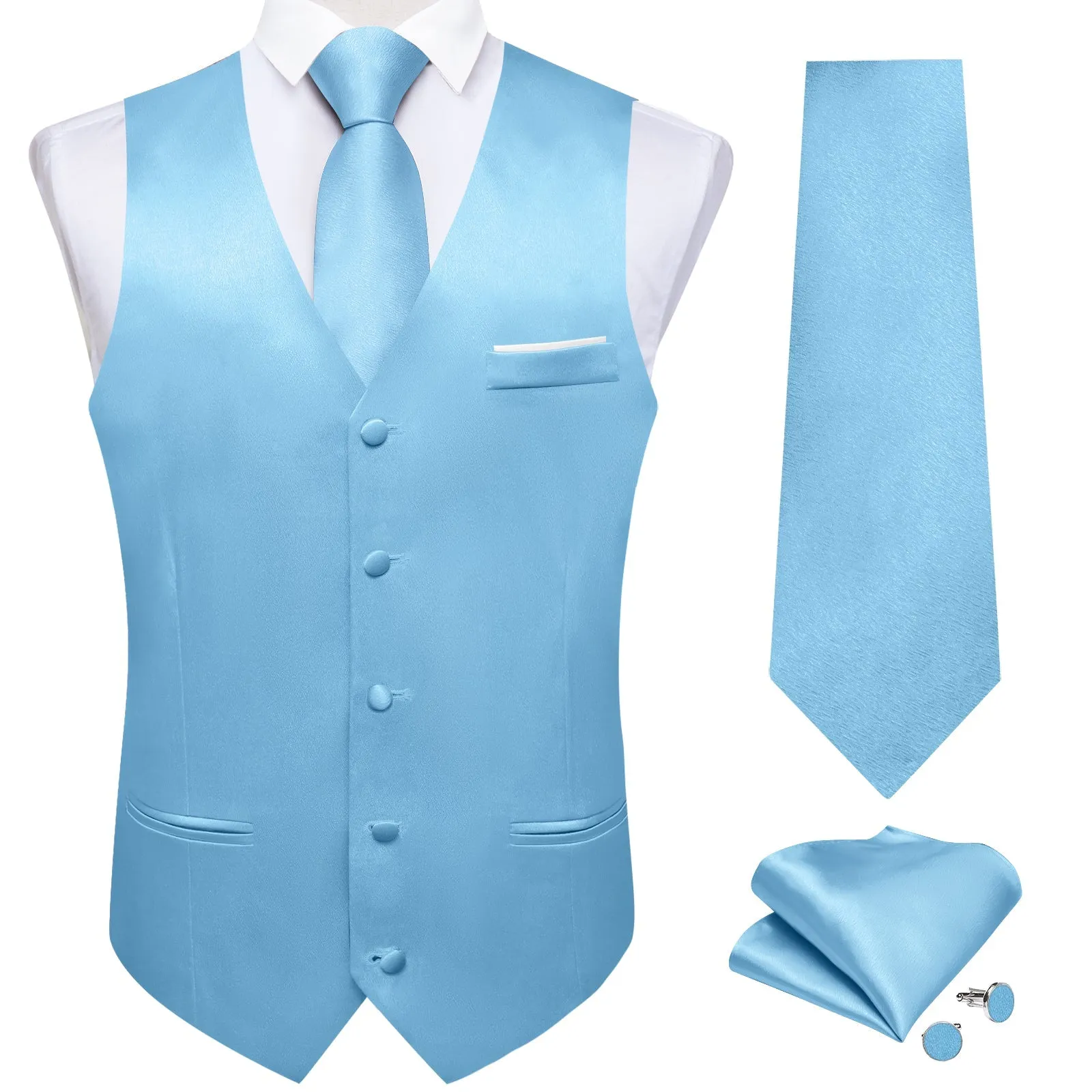 Baby Blue Solid Shining Silk Formal Men's Vest Hanky Cufflinks Tie Set