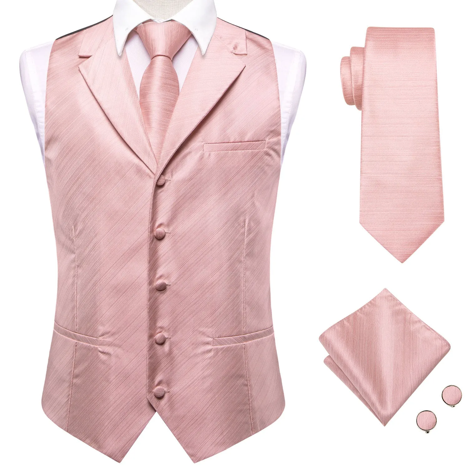 Baby Pink Solid Jacquard Silk Men's Vest Hanky Cufflinks Tie Set