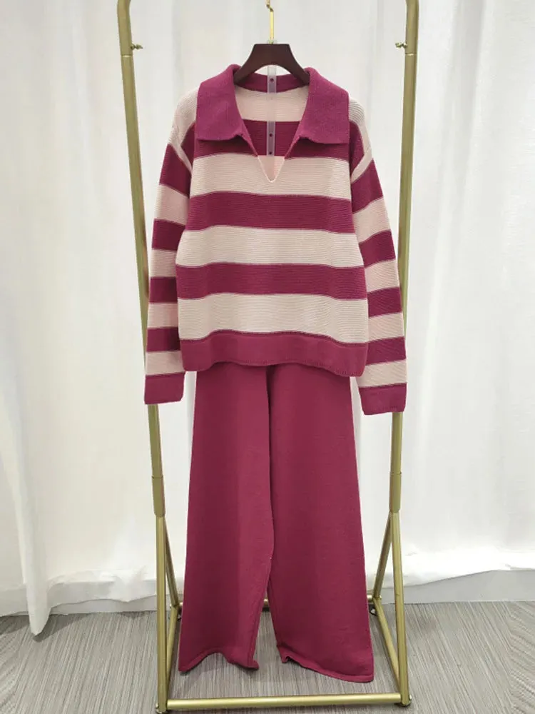 Big Size Loose Knit 2 Piece Set Lapel Striped Long Sleeve Sweater   High Waist Pant Suit 2023 Autumn Winter Women New C-200