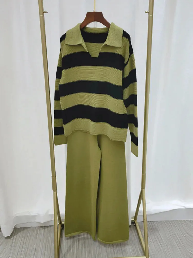 Big Size Loose Knit 2 Piece Set Lapel Striped Long Sleeve Sweater   High Waist Pant Suit 2023 Autumn Winter Women New C-200