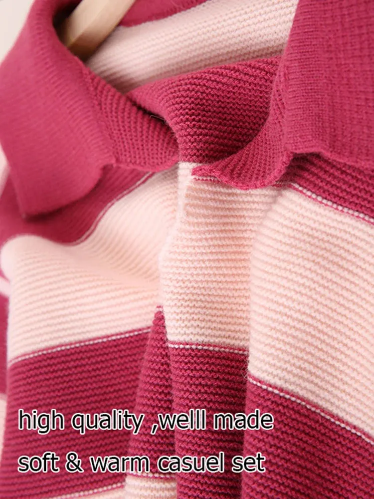 Big Size Loose Knit 2 Piece Set Lapel Striped Long Sleeve Sweater   High Waist Pant Suit 2023 Autumn Winter Women New C-200