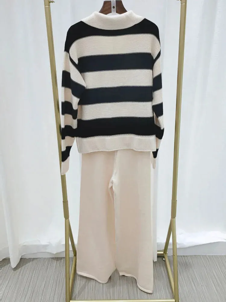 Big Size Loose Knit 2 Piece Set Lapel Striped Long Sleeve Sweater   High Waist Pant Suit 2023 Autumn Winter Women New C-200