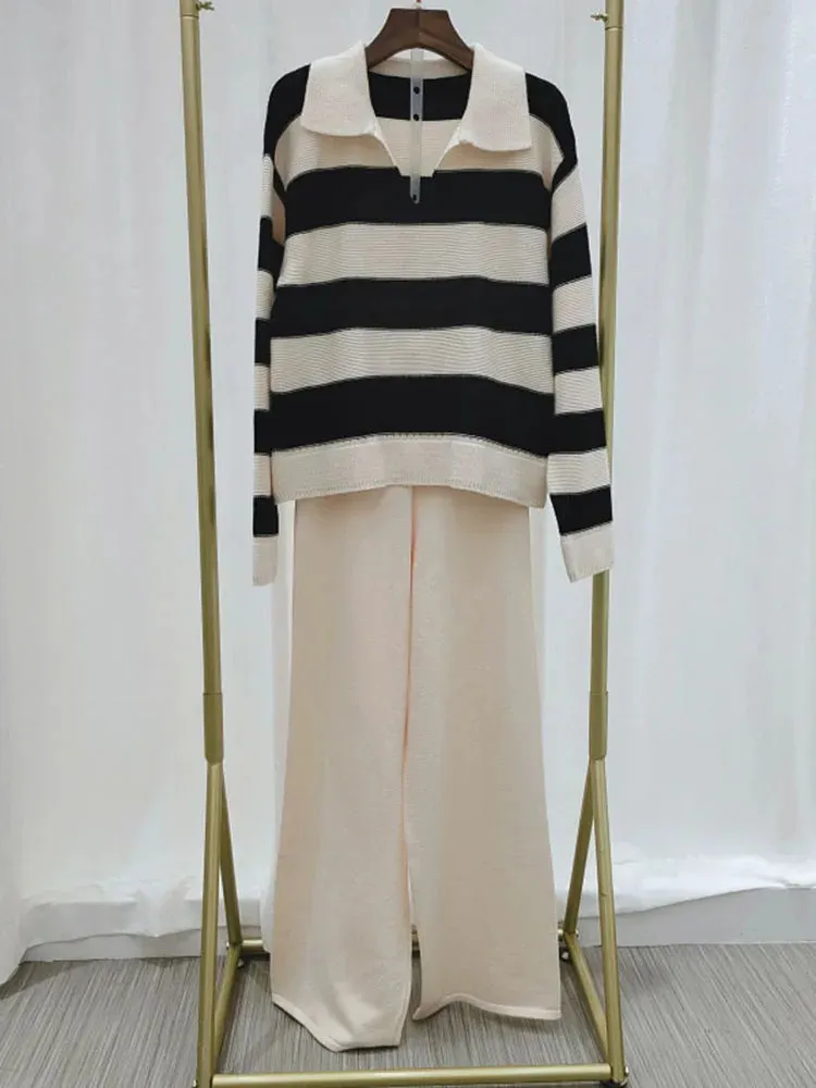 Big Size Loose Knit 2 Piece Set Lapel Striped Long Sleeve Sweater   High Waist Pant Suit 2023 Autumn Winter Women New C-200
