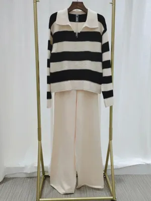 Big Size Loose Knit 2 Piece Set Lapel Striped Long Sleeve Sweater   High Waist Pant Suit 2023 Autumn Winter Women New C-200