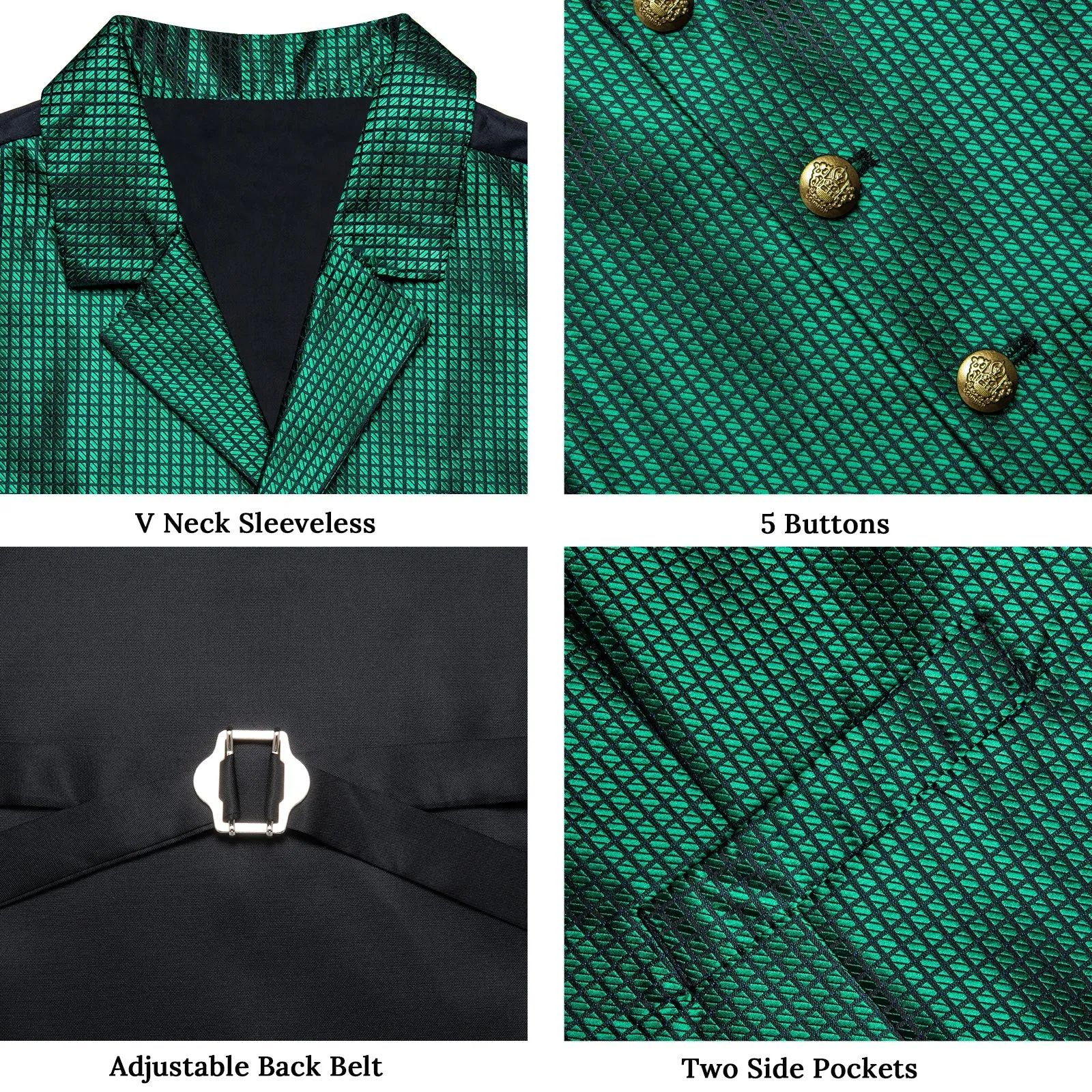 Black Green Plaid Classic Men's Collar Vest Tie Hanky Cufflinks Set Waistcoat Suit Set