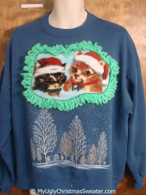 Blue Tacky Christmas Sweatshirt with Two Cute Cats in Santa Hats