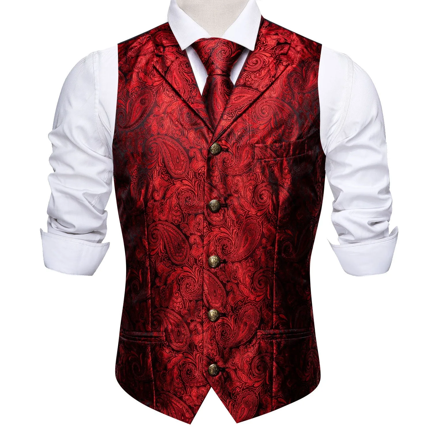 Classic Red Paisley Metal Button Jacquard Silk Men's Vest Hanky Cufflinks Tie Set