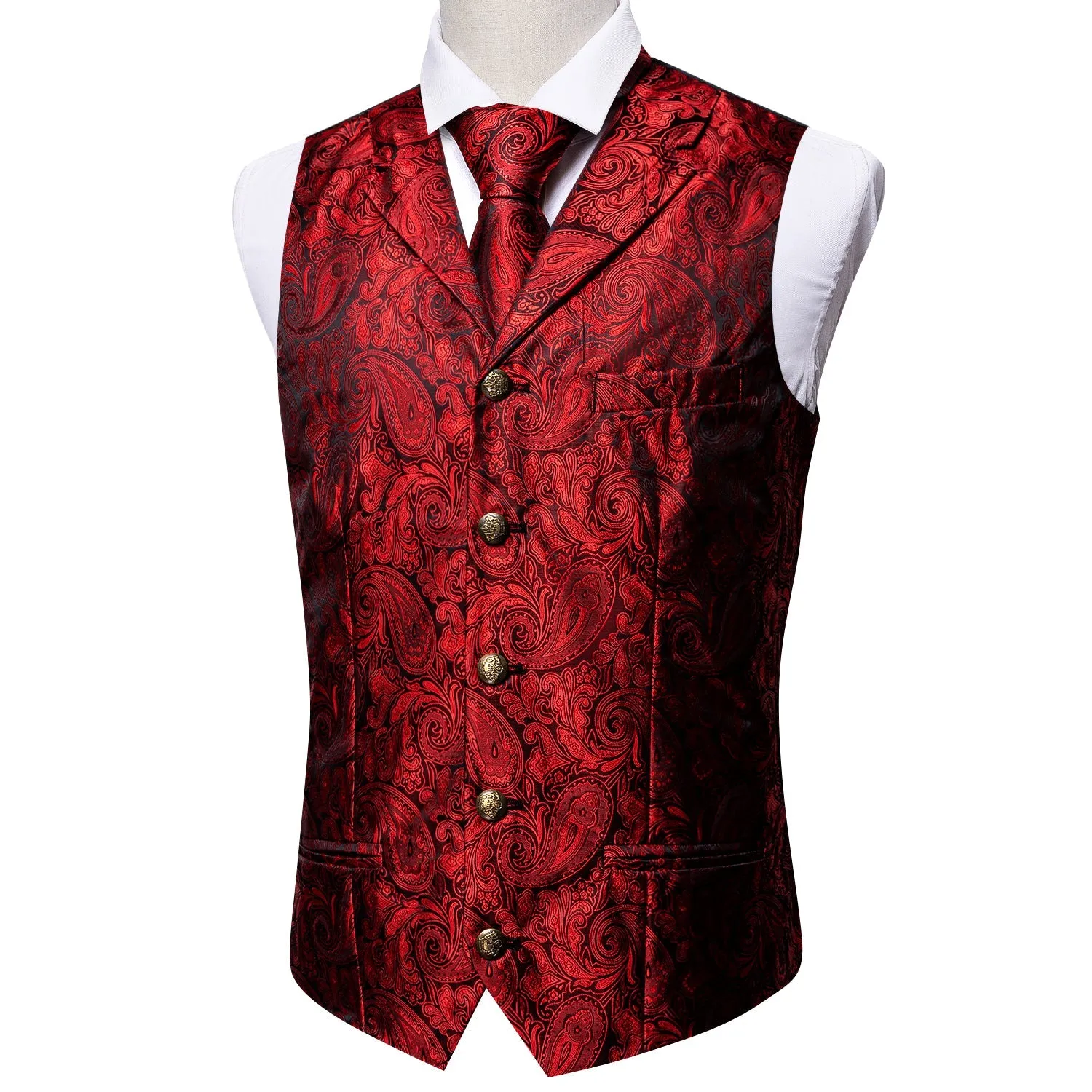 Classic Red Paisley Metal Button Jacquard Silk Men's Vest Hanky Cufflinks Tie Set