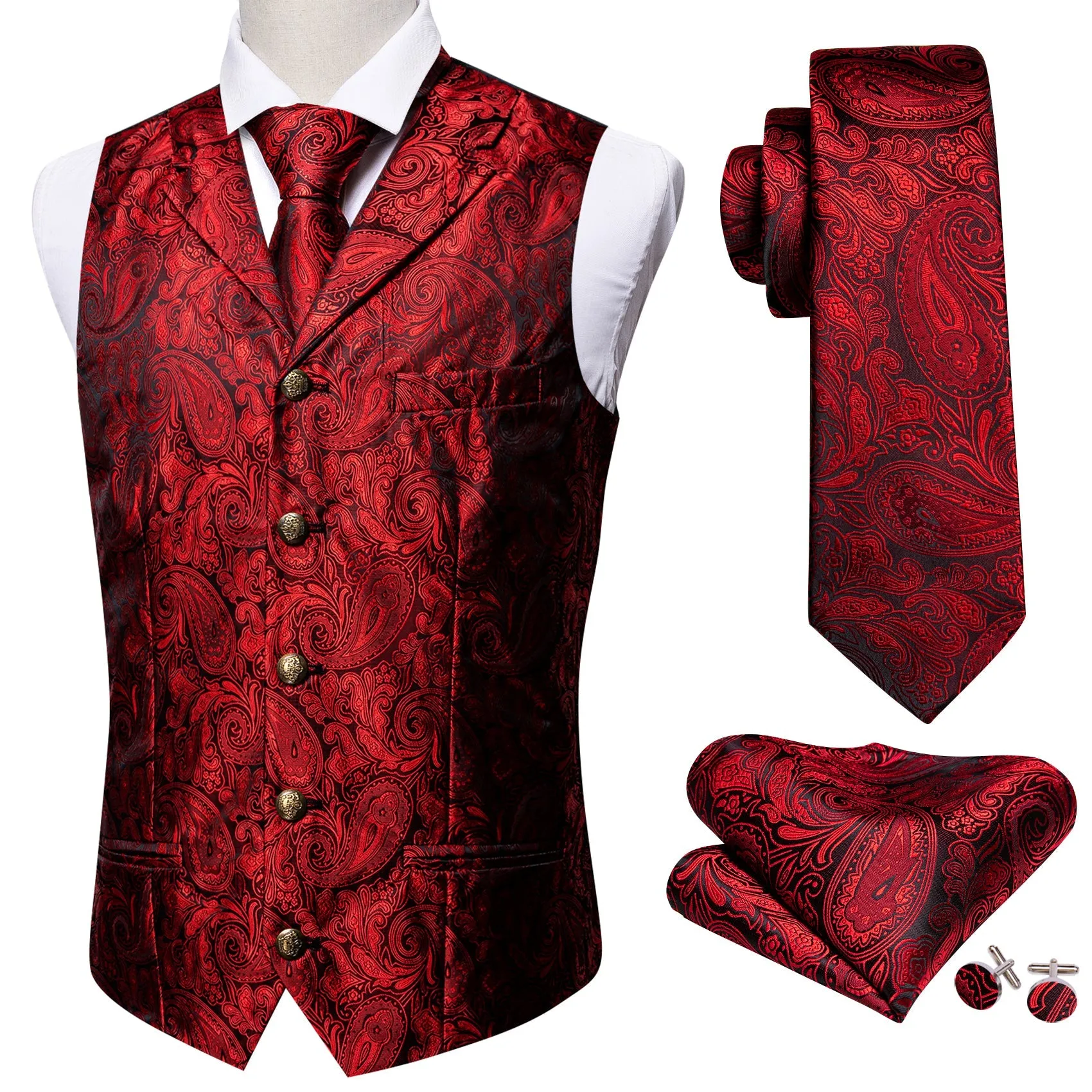 Classic Red Paisley Metal Button Jacquard Silk Men's Vest Hanky Cufflinks Tie Set
