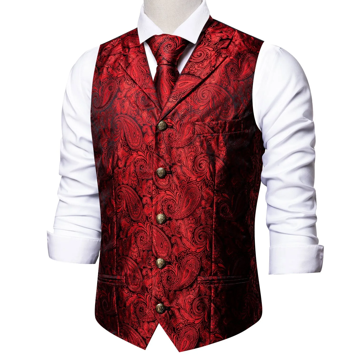 Classic Red Paisley Metal Button Jacquard Silk Men's Vest Hanky Cufflinks Tie Set
