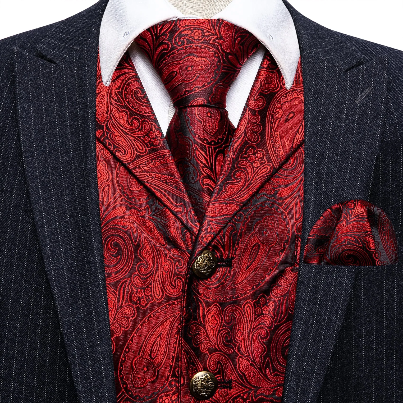 Classic Red Paisley Metal Button Jacquard Silk Men's Vest Hanky Cufflinks Tie Set