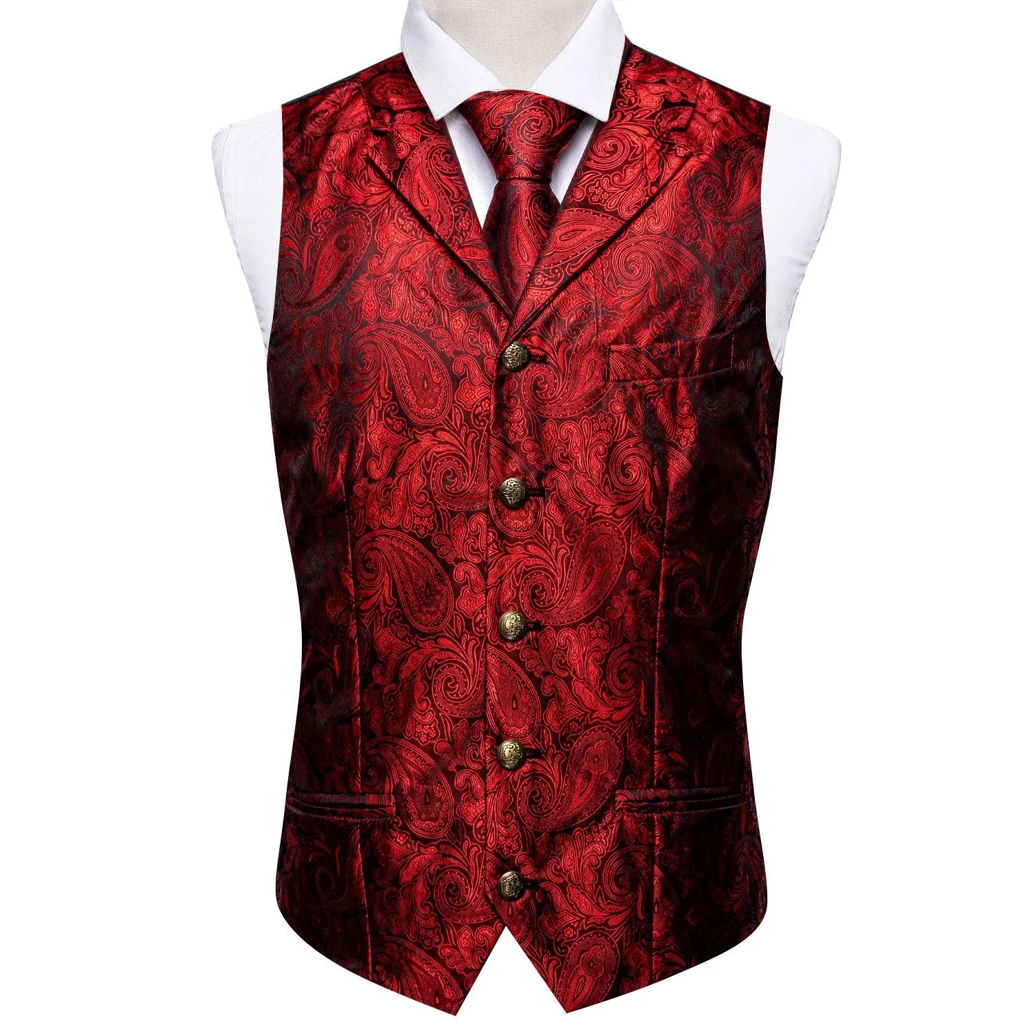 Classic Red Paisley Metal Button Jacquard Silk Men's Vest Hanky Cufflinks Tie Set