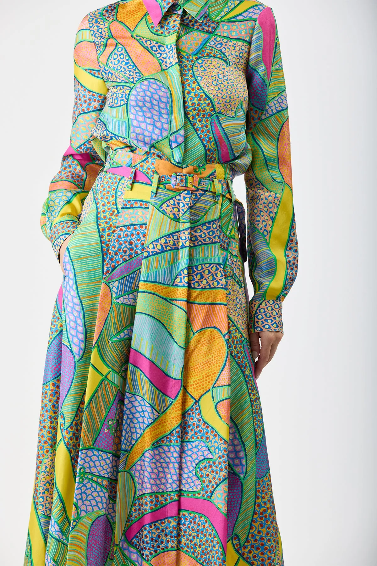 Dugald Pleated Midi Skirt in Green Multi Printed Silk Twill