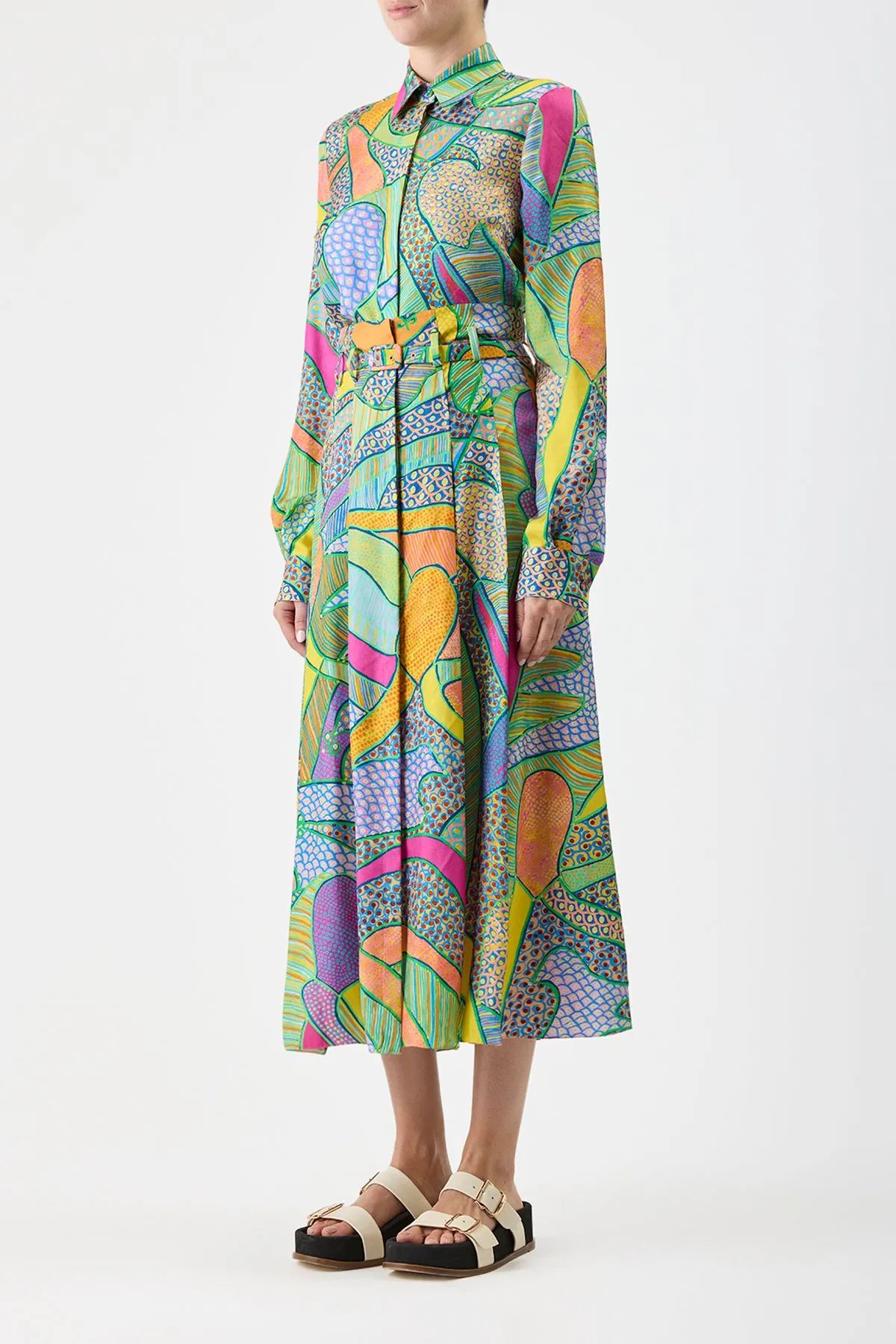 Dugald Pleated Midi Skirt in Green Multi Printed Silk Twill