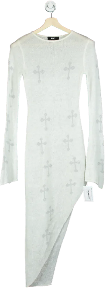 EGO White Cross Pattern Asymmetric Knit Dress UK 8