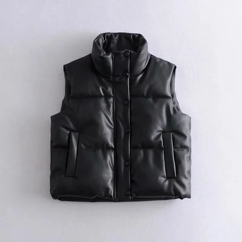 Fashion Streetwear Women Puffy Vest, Winter Thick Parkas Jacket, Black PU Female Coats, Faux Leather Down Waistcoat, Loose Lady Vest, Streetwear Fashion, Winter Outerwear