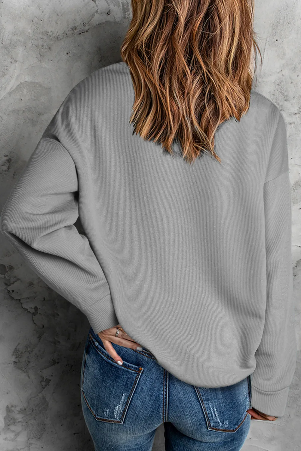 Gray Crew Neck Ribbed Oversized Sweatshirt