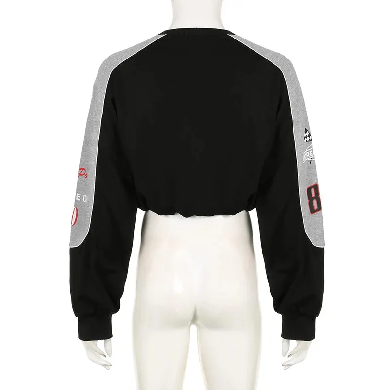 Harajuku Letter Printed Autumn Sweatshirt Cropped Pullover Elastic Waist Moto&Biker Style Contrast Color Hoodie Women