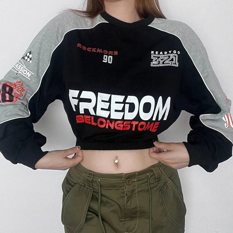 Harajuku Letter Printed Autumn Sweatshirt Cropped Pullover Elastic Waist Moto&Biker Style Contrast Color Hoodie Women