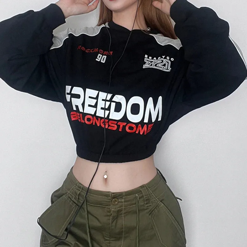 Harajuku Letter Printed Autumn Sweatshirt Cropped Pullover Elastic Waist Moto&Biker Style Contrast Color Hoodie Women