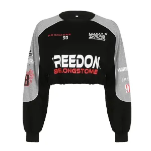 Harajuku Letter Printed Autumn Sweatshirt Cropped Pullover Elastic Waist Moto&Biker Style Contrast Color Hoodie Women