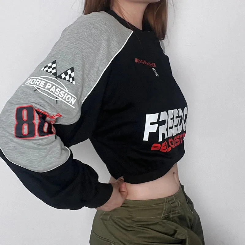 Harajuku Letter Printed Autumn Sweatshirt Cropped Pullover Elastic Waist Moto&Biker Style Contrast Color Hoodie Women