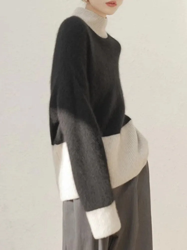 Hit Color Minimalist Knitting Sweaters For Women Mock Neck Long Sleeves Loose Casual Sweater Female Fashion