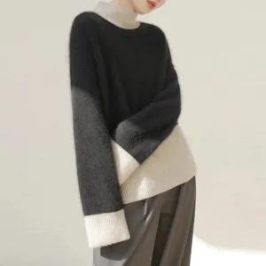 Hit Color Minimalist Knitting Sweaters For Women Mock Neck Long Sleeves Loose Casual Sweater Female Fashion