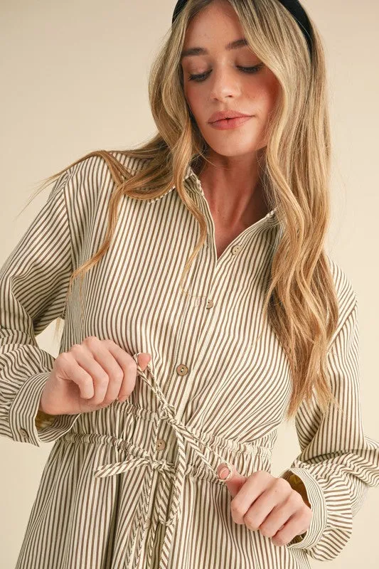 Ivory Mocha Striped Button Down Shirt Dress