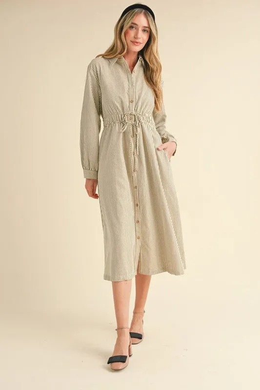 Ivory Mocha Striped Button Down Shirt Dress