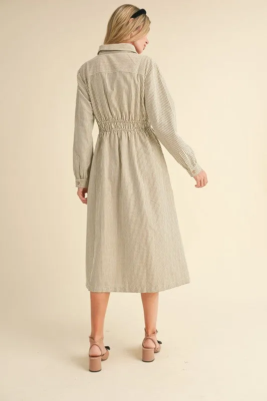 Ivory Mocha Striped Button Down Shirt Dress