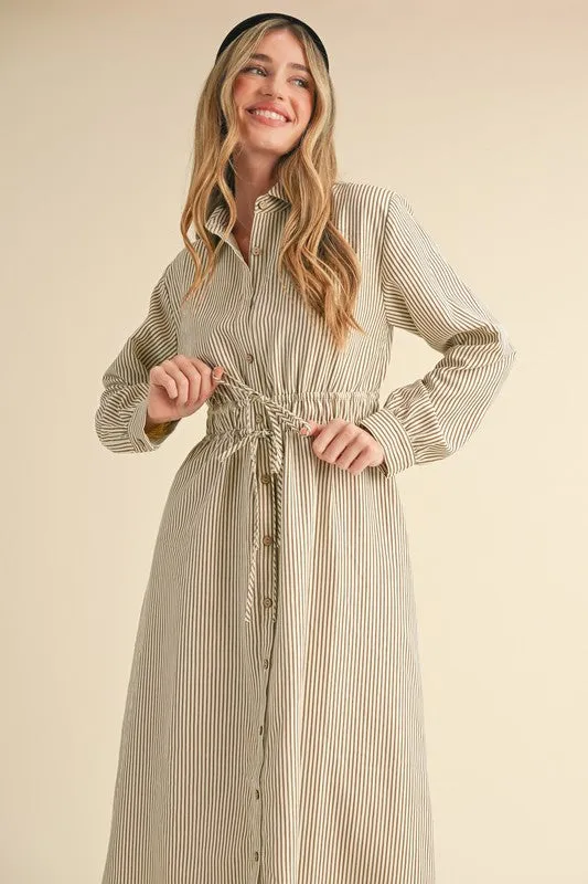 Ivory Mocha Striped Button Down Shirt Dress
