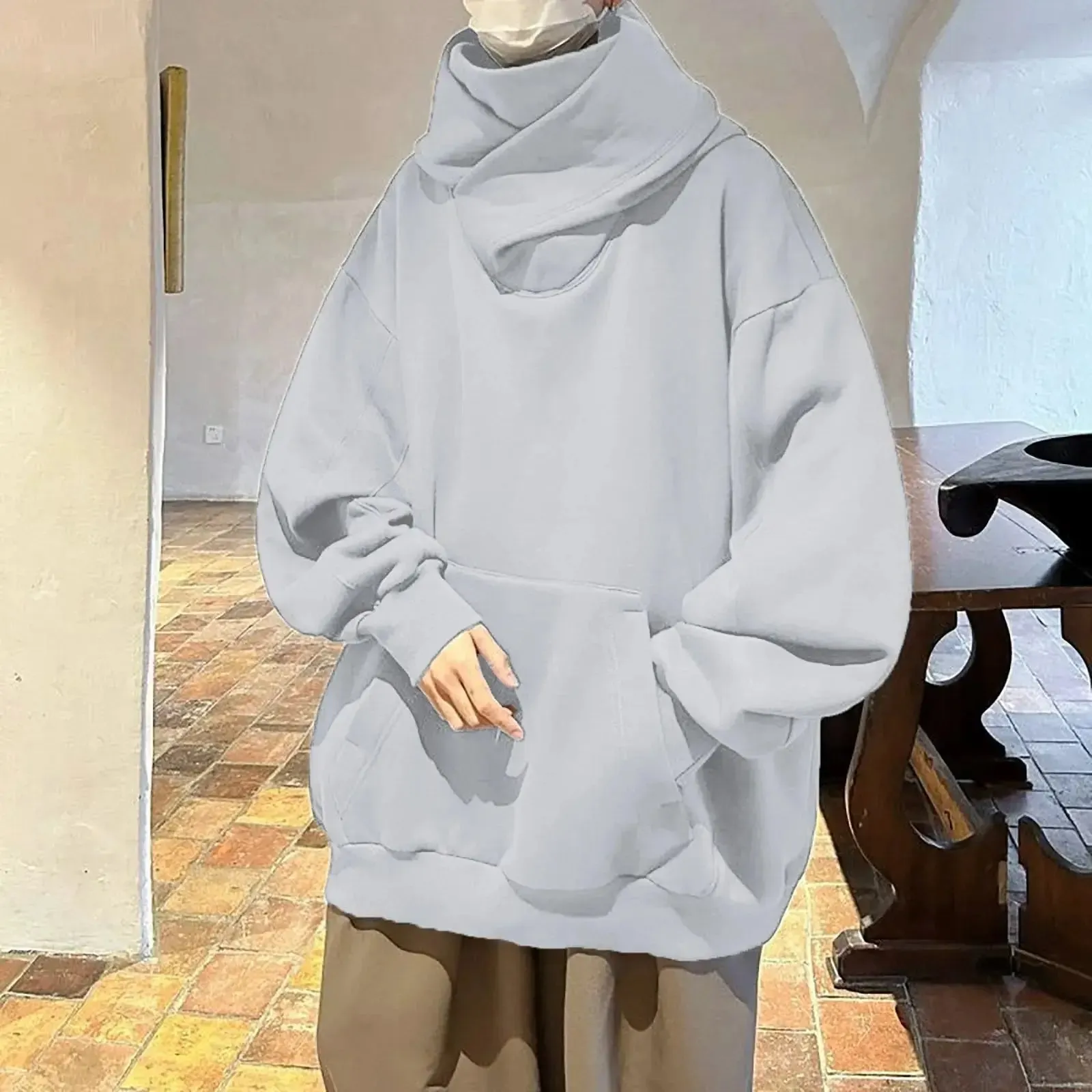 Man Vinatge Turtleneck Hooded Sweatshirt Gothic Punk Hip Hop Street Long Sleeve Pockets Pullovers Tops Autumn Winter Warm Clothe