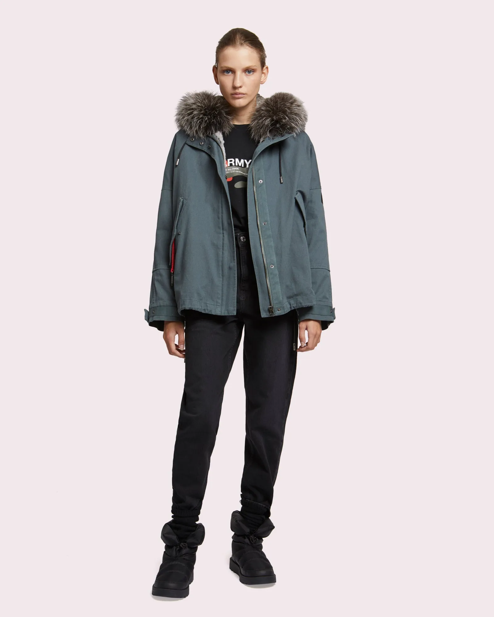 Parka courte en coton avec fourrure de renard et lapin