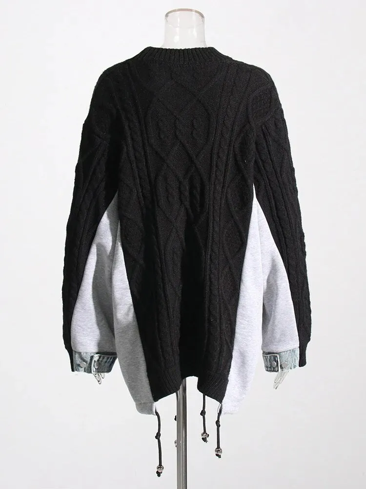 Patchwork Denim Designer Sweaters For Women Round Neck Long Sleeves Loose Casual Sweater Female Fashion Clothing