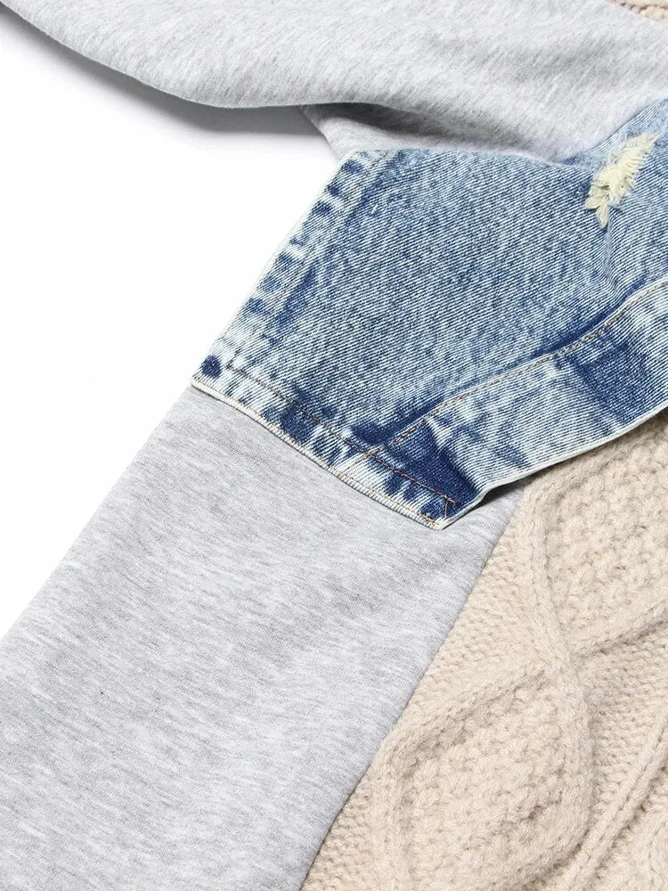 Patchwork Denim Designer Sweaters For Women Round Neck Long Sleeves Loose Casual Sweater Female Fashion Clothing