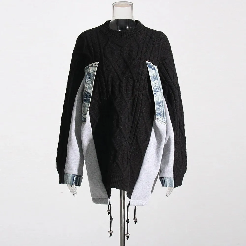 Patchwork Denim Designer Sweaters For Women Round Neck Long Sleeves Loose Casual Sweater Female Fashion Clothing