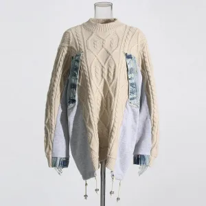 Patchwork Denim Designer Sweaters For Women Round Neck Long Sleeves Loose Casual Sweater Female Fashion Clothing