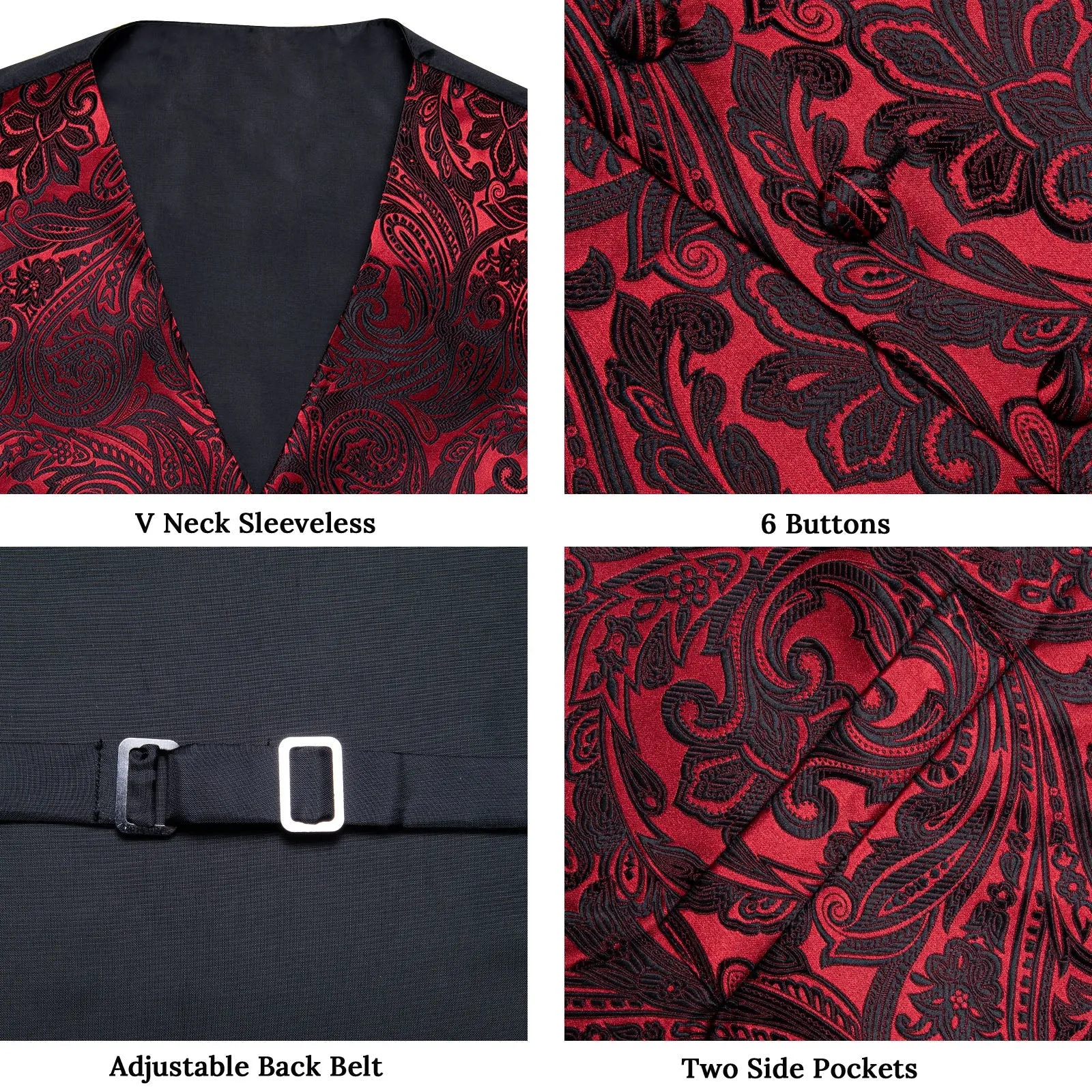 Red Black Paisley Jacquard Silk Men's Vest Hanky Cufflinks Necktie Bowtie Set