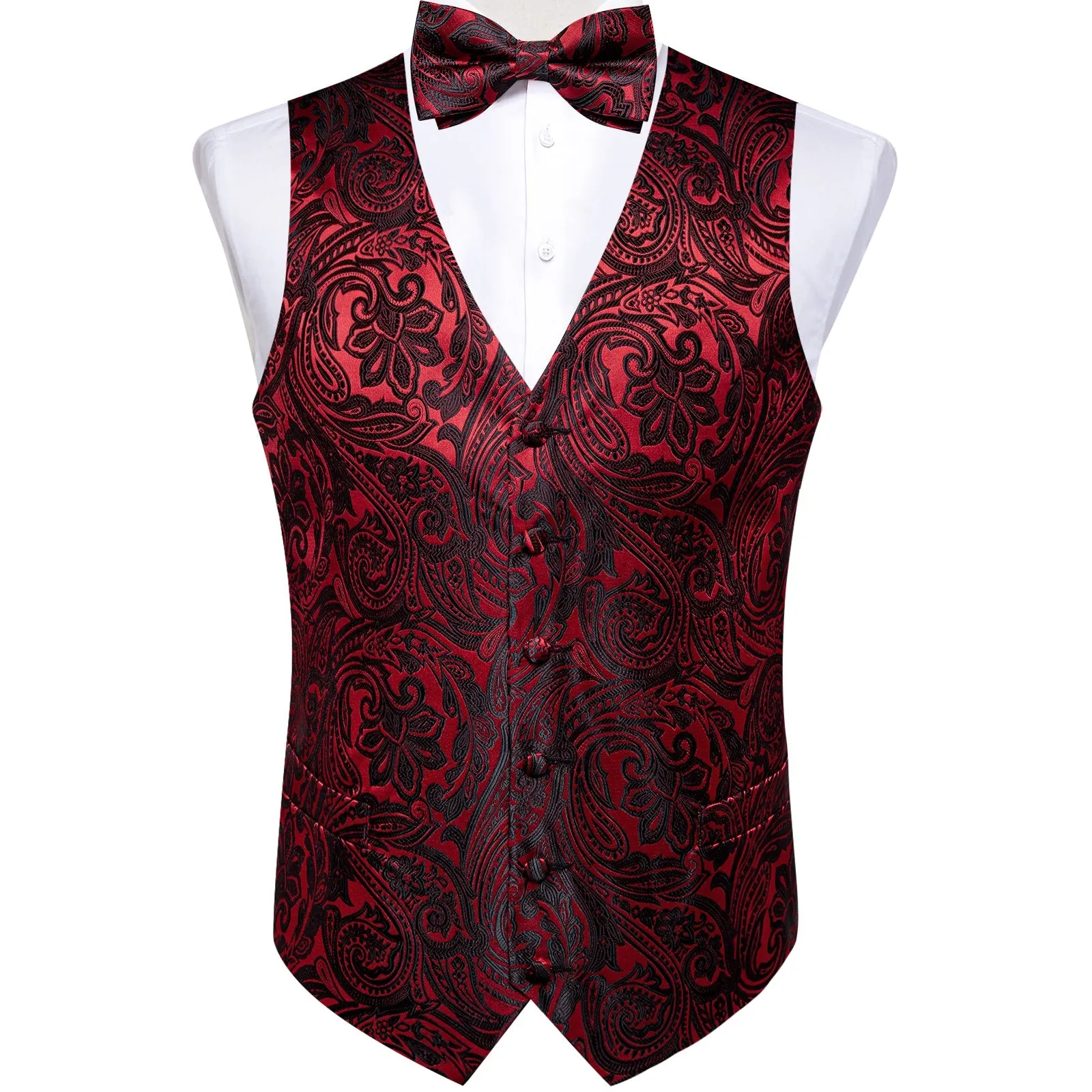 Red Black Paisley Jacquard Silk Men's Vest Hanky Cufflinks Necktie Bowtie Set