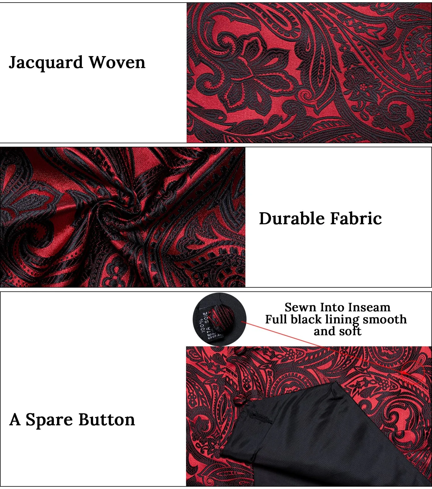 Red Black Paisley Jacquard Silk Men's Vest Hanky Cufflinks Necktie Bowtie Set