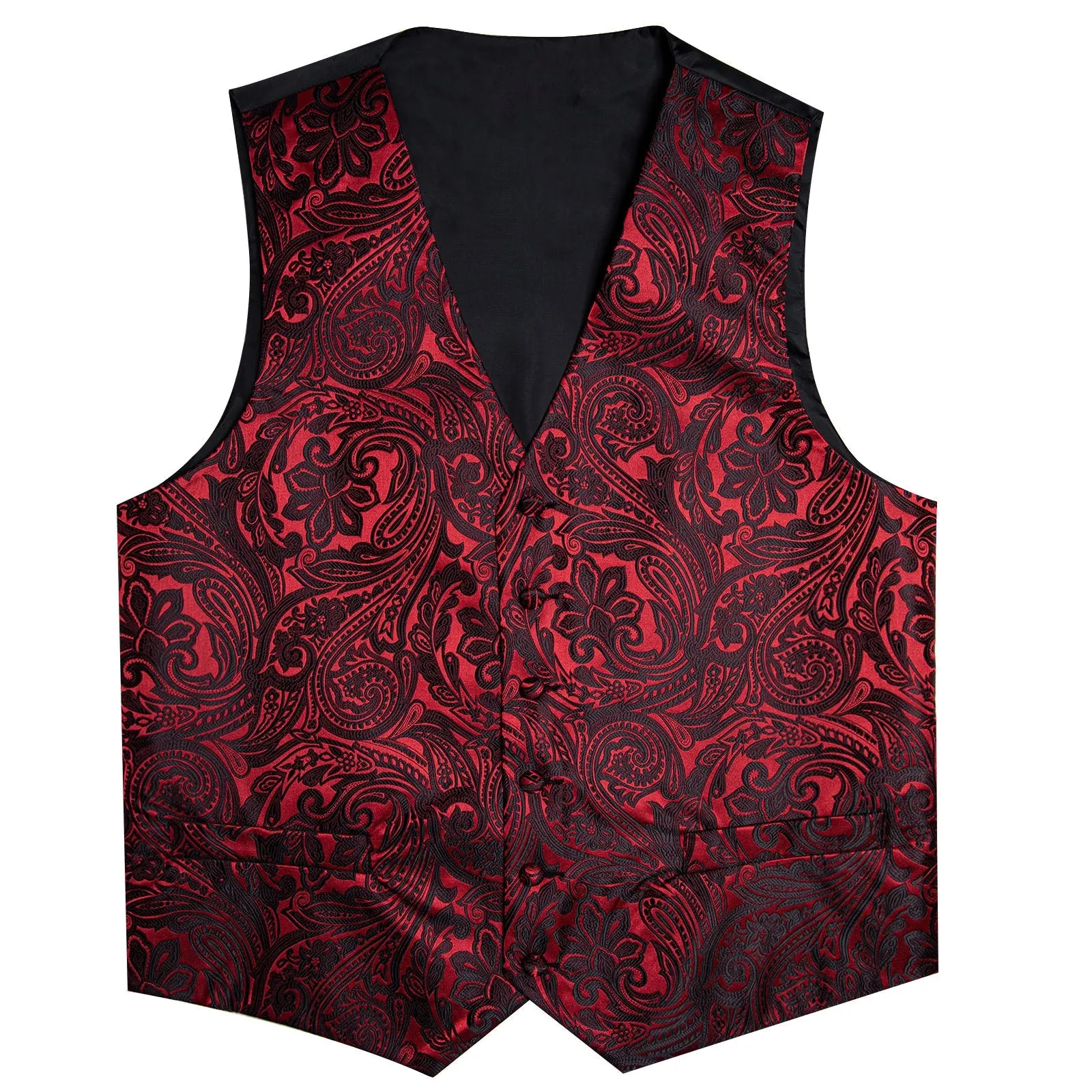 Red Black Paisley Jacquard Silk Men's Vest Hanky Cufflinks Necktie Bowtie Set