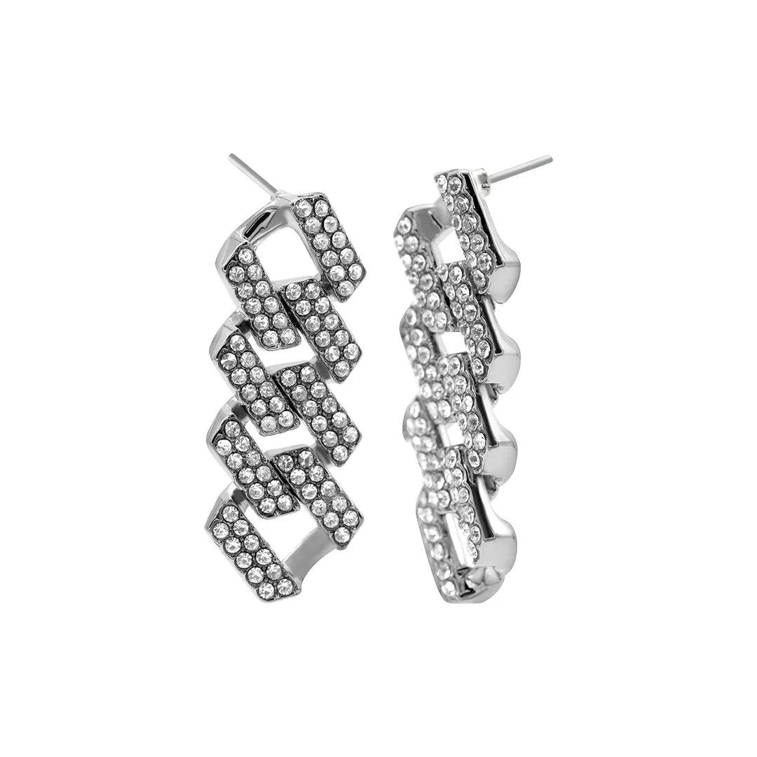 Rhodium Plated Edgy Cuban Chain Crystal Drop Earrings