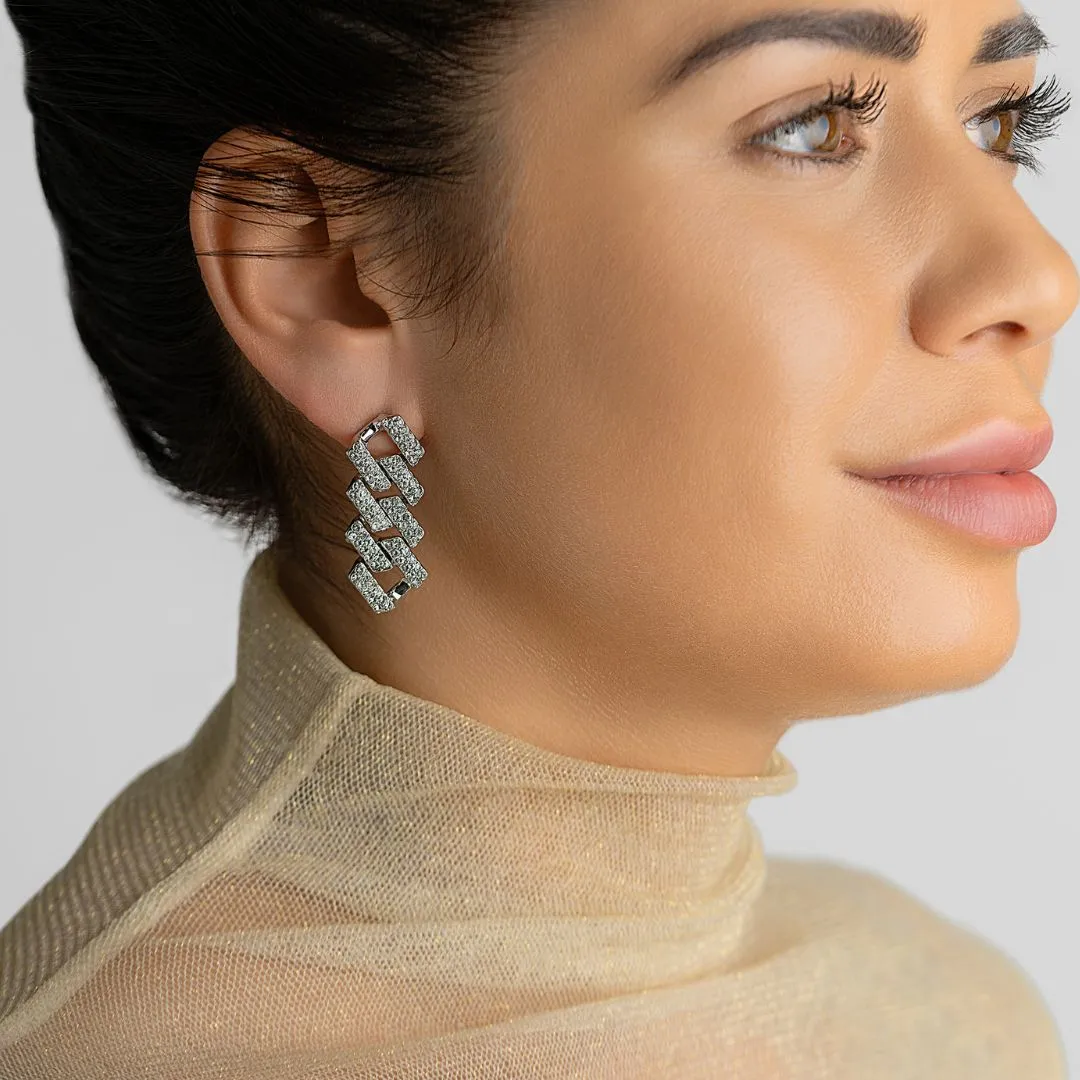 Rhodium Plated Edgy Cuban Chain Crystal Drop Earrings