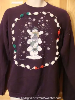 Tacky Cheap Christmas Sweatshirt Snowmen PomPom Trim