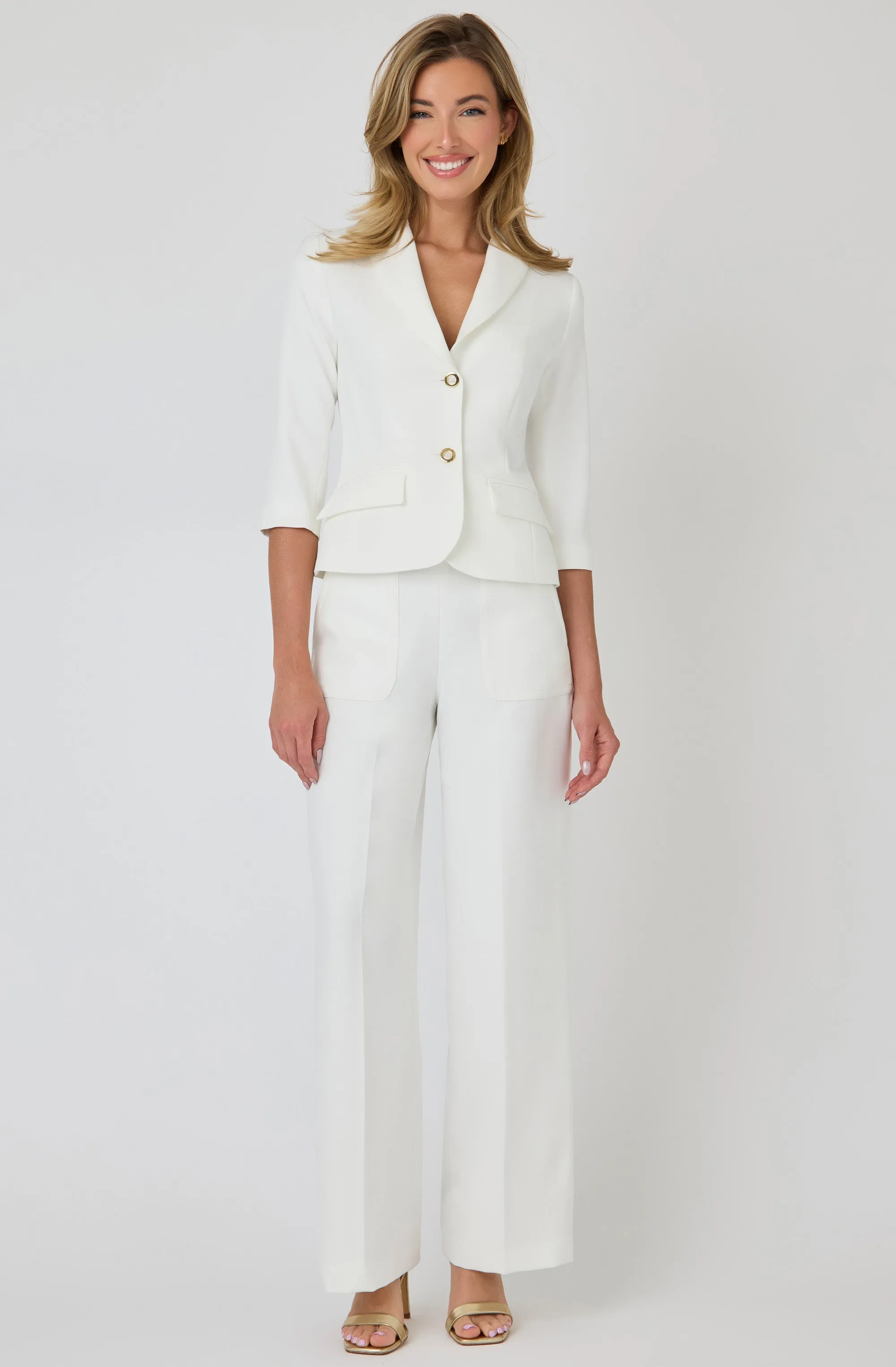 Tailored Blazer with Gold Buttons and Cropped Sleeves