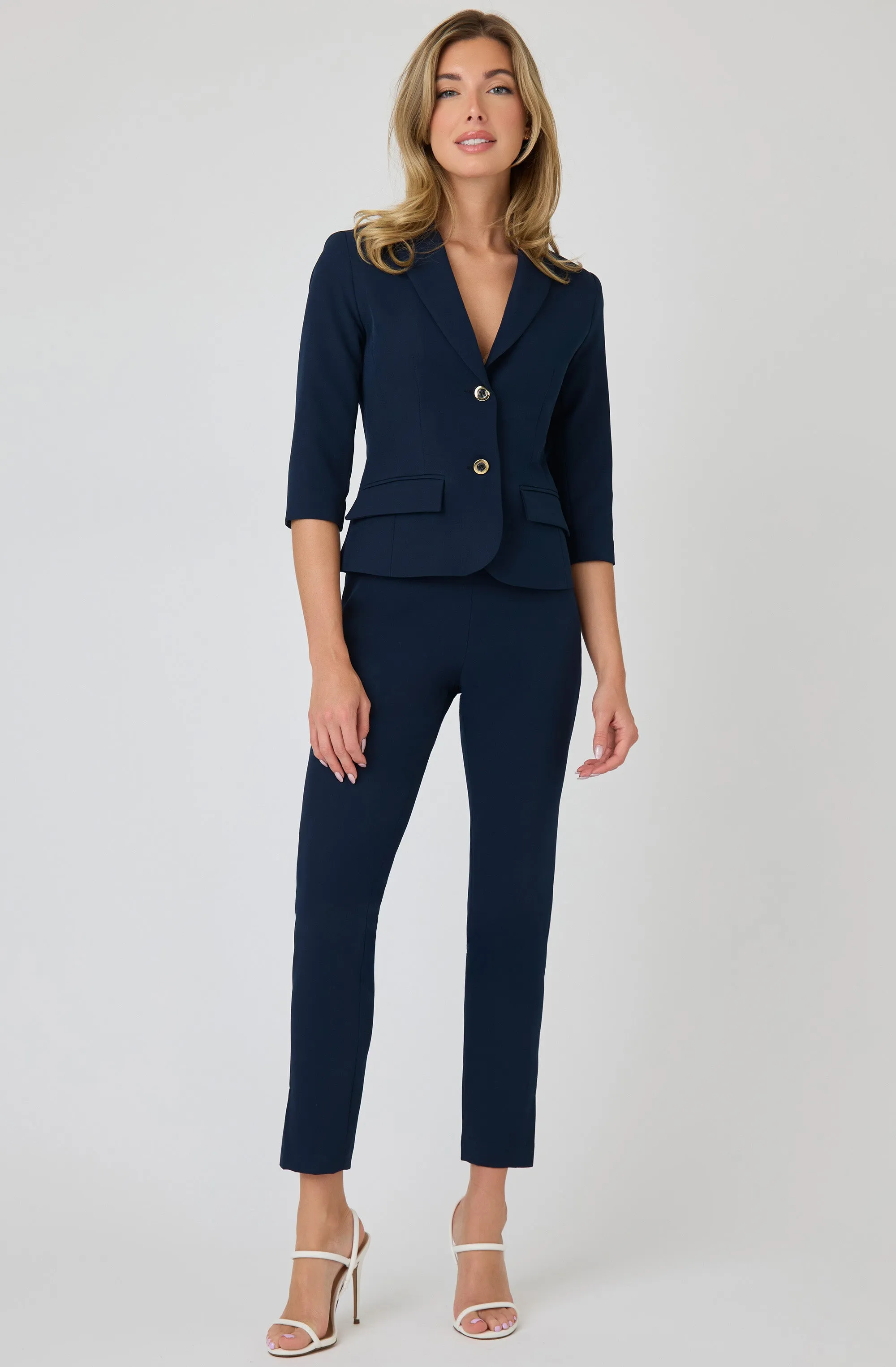 Tailored Blazer with Gold Buttons and Cropped Sleeves