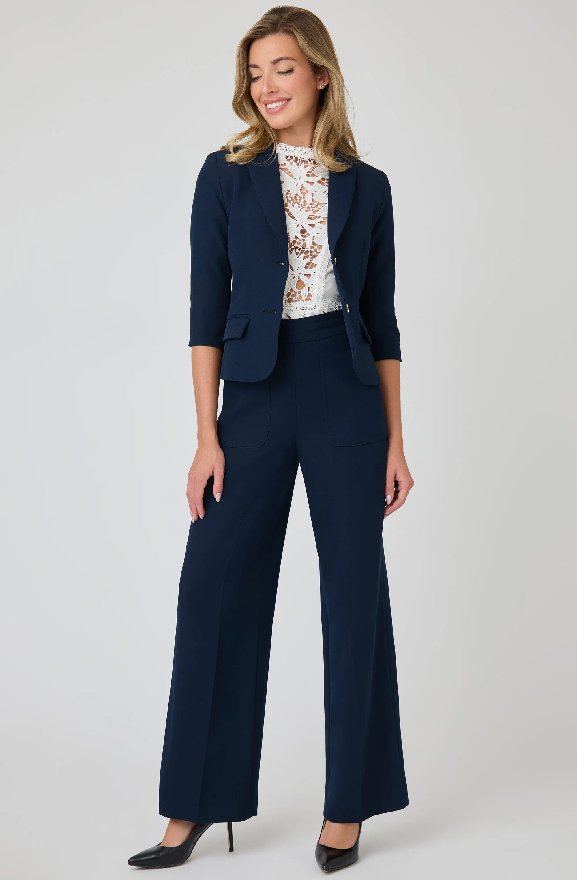 Tailored Blazer with Gold Buttons and Cropped Sleeves