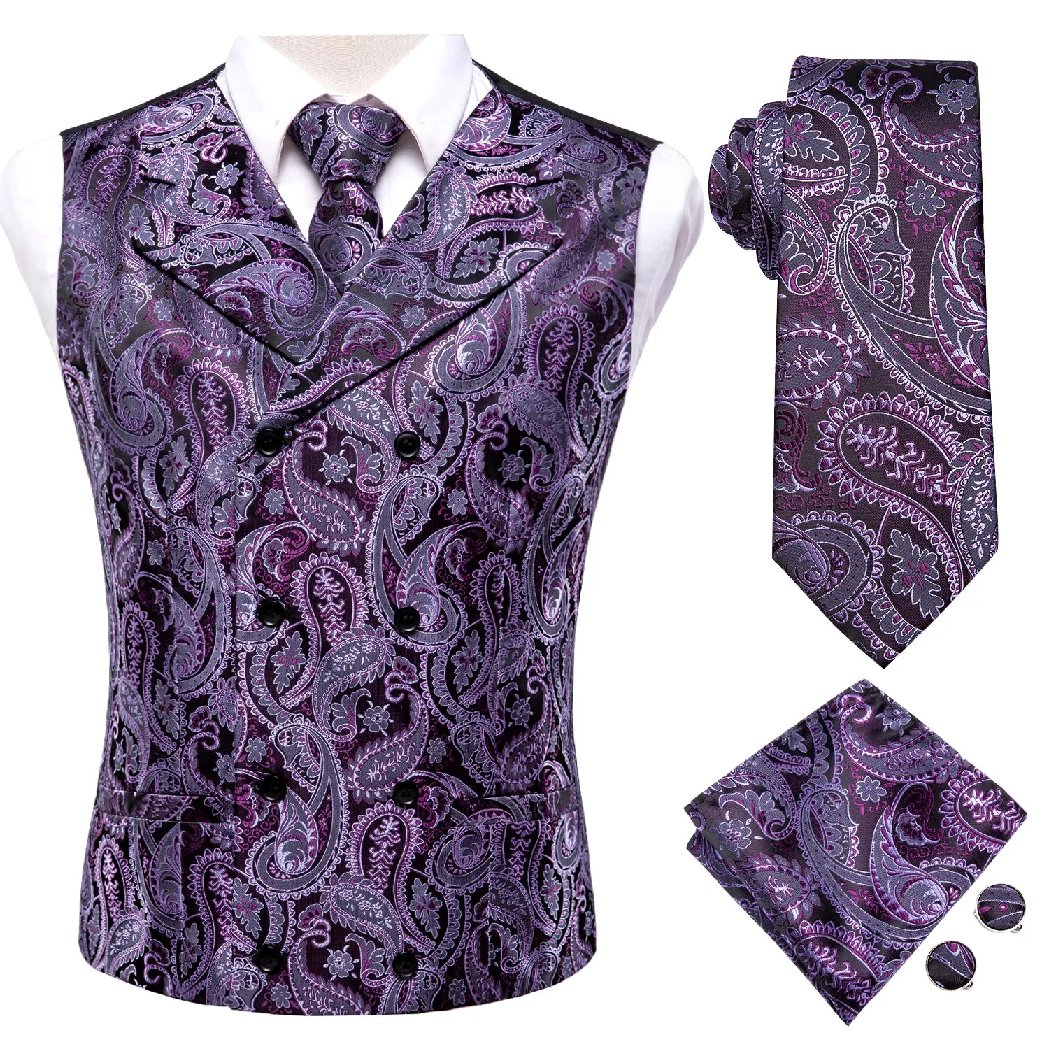 Ties2you Men's Vest Purple Paisley Jacquard Silk Vest Hanky Cufflinks Tie Set